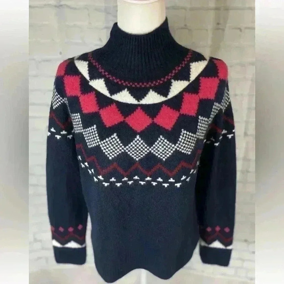 Vince Camuto Fair Isle Mock Neck Sweater Woman’s Size XS Navy Blue Knit pullover - Picture 8 of 16